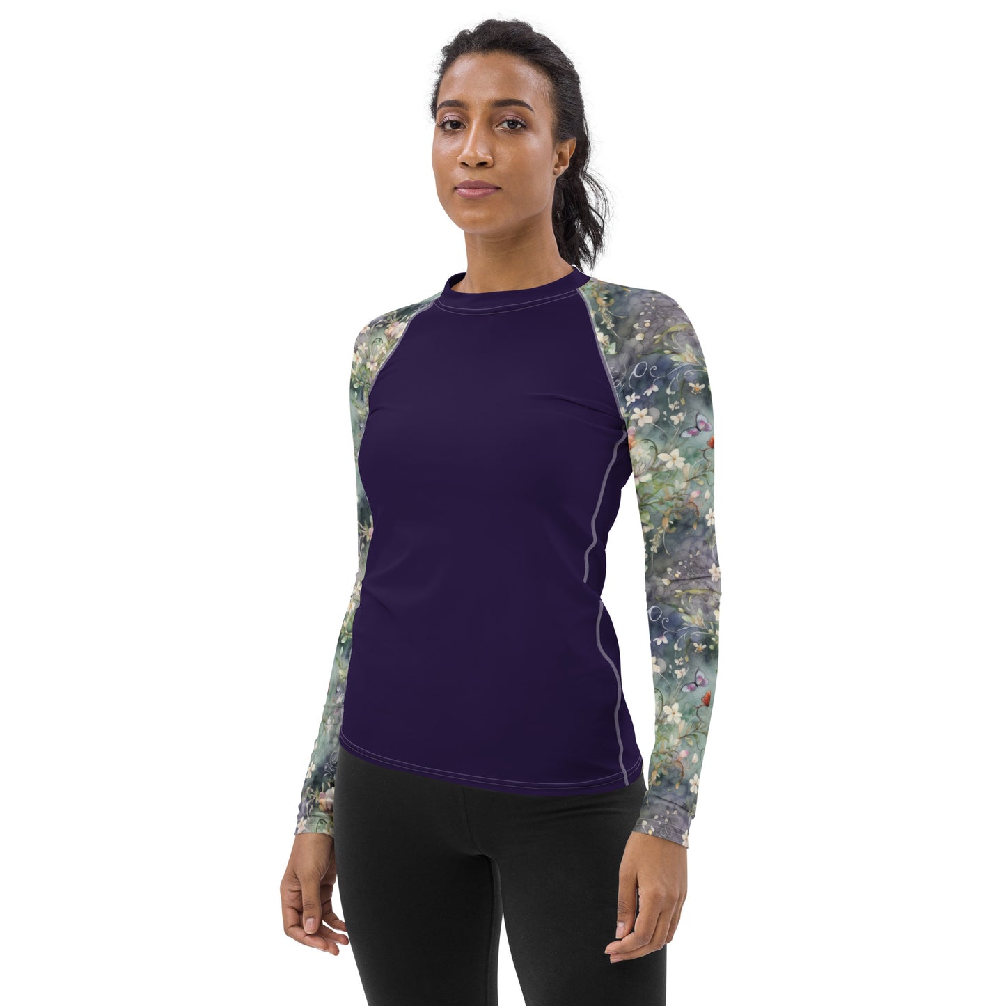 Watercolor Flowers - Dark Sleeves - Navy Body - Women's Rash Guard
