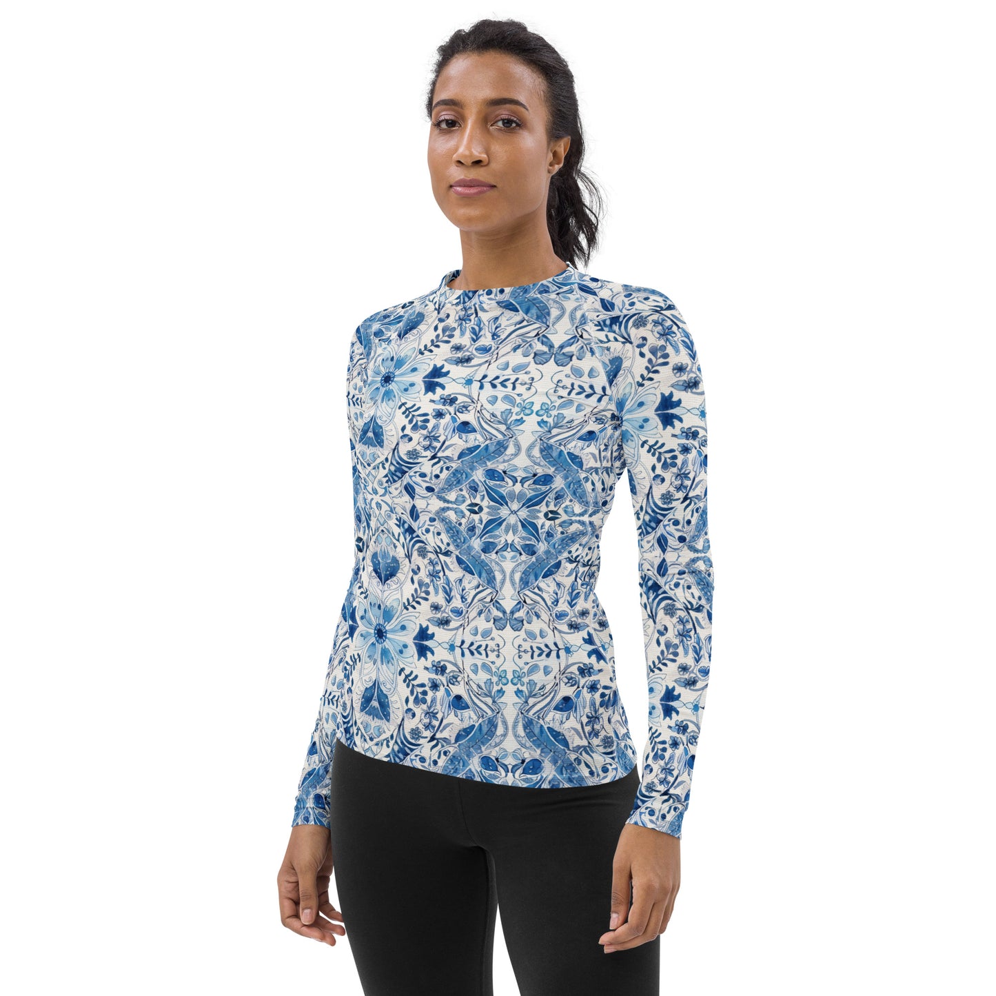 White with Blue Flowers - Women's Rash Guard