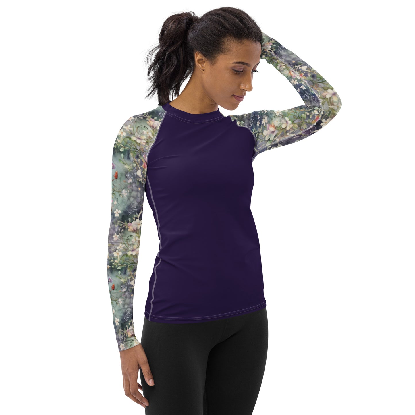 Watercolor Flowers - Dark Sleeves - Navy Body - Women's Rash Guard