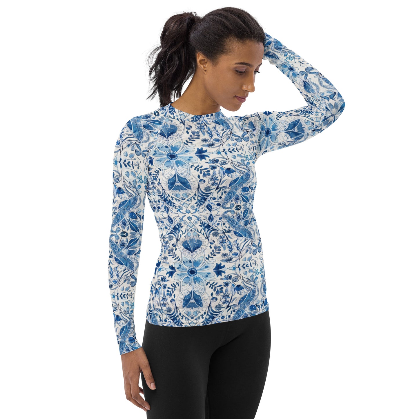 White with Blue Flowers - Women's Rash Guard