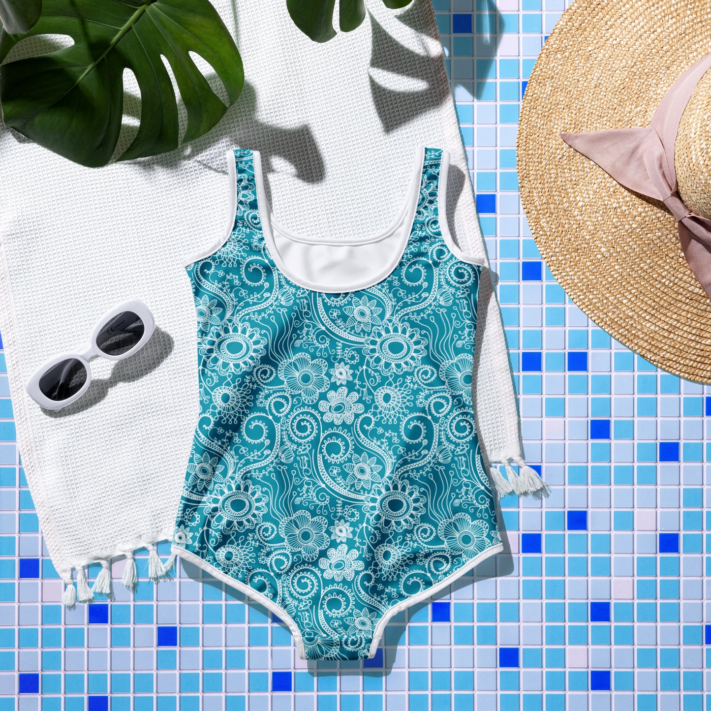 Doodle Flowers - Teal - Youth Swimsuit