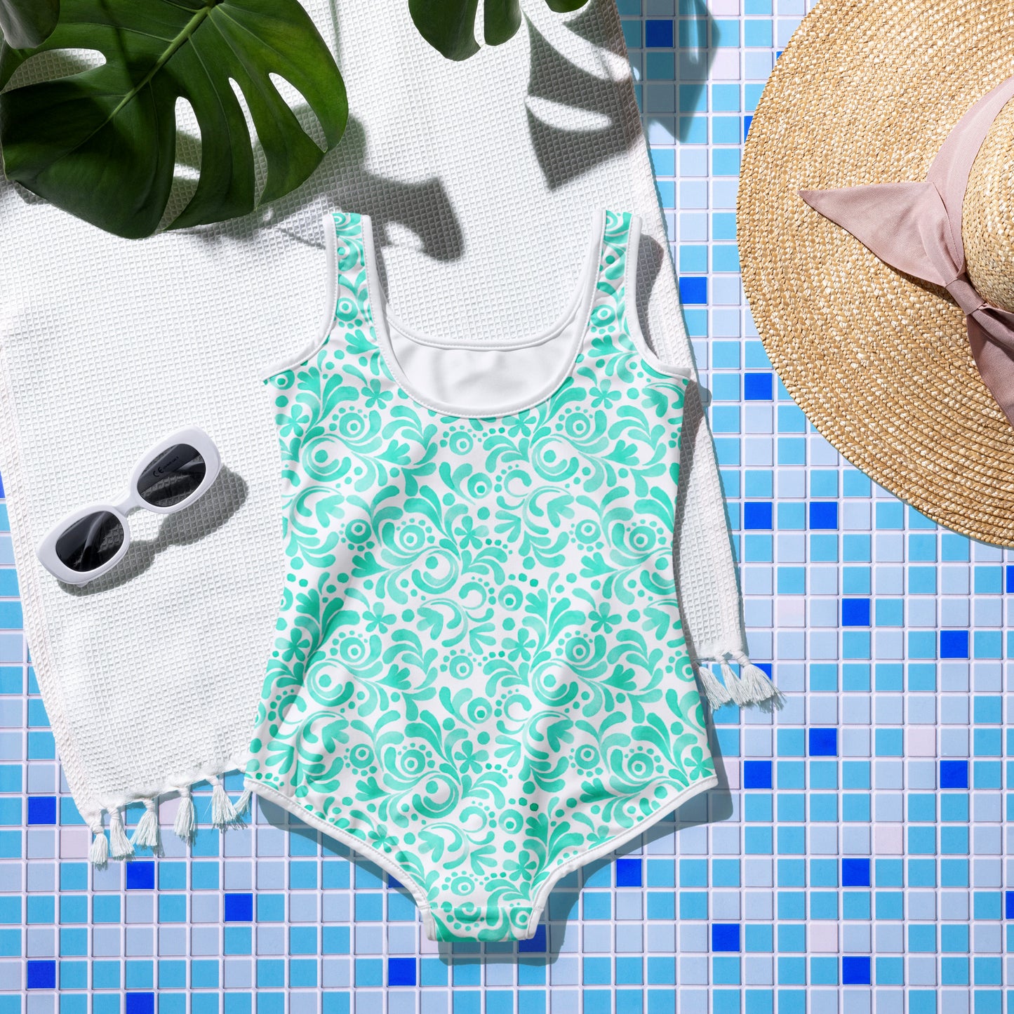 Watercolor Swirls - Teal - Youth Swimsuit