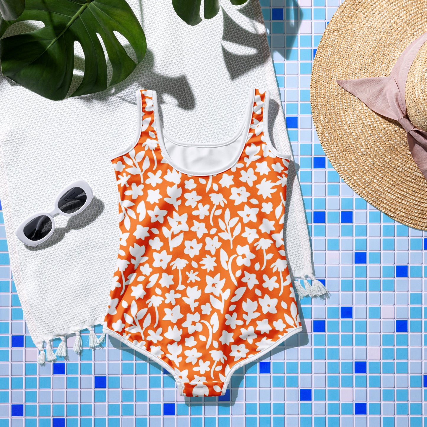 Orange with White Flowers - Youth Swimsuit