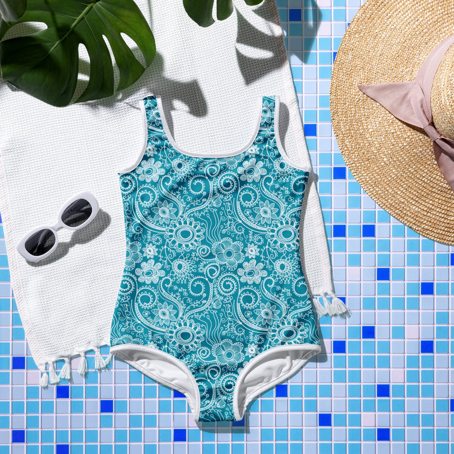 Doodle Flowers - Teal - Youth Swimsuit