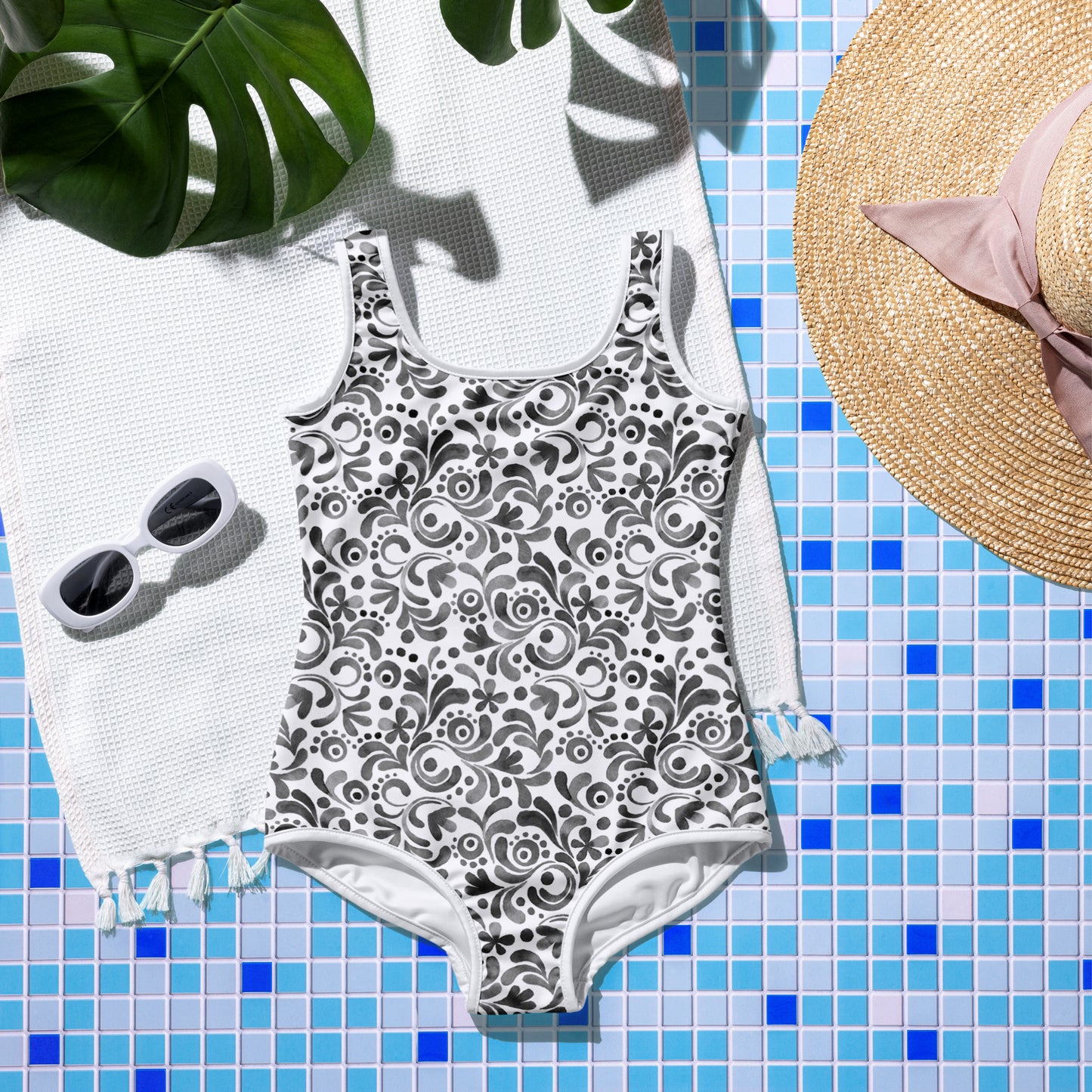 Watercolor Swirls - Black - Youth Swimsuit