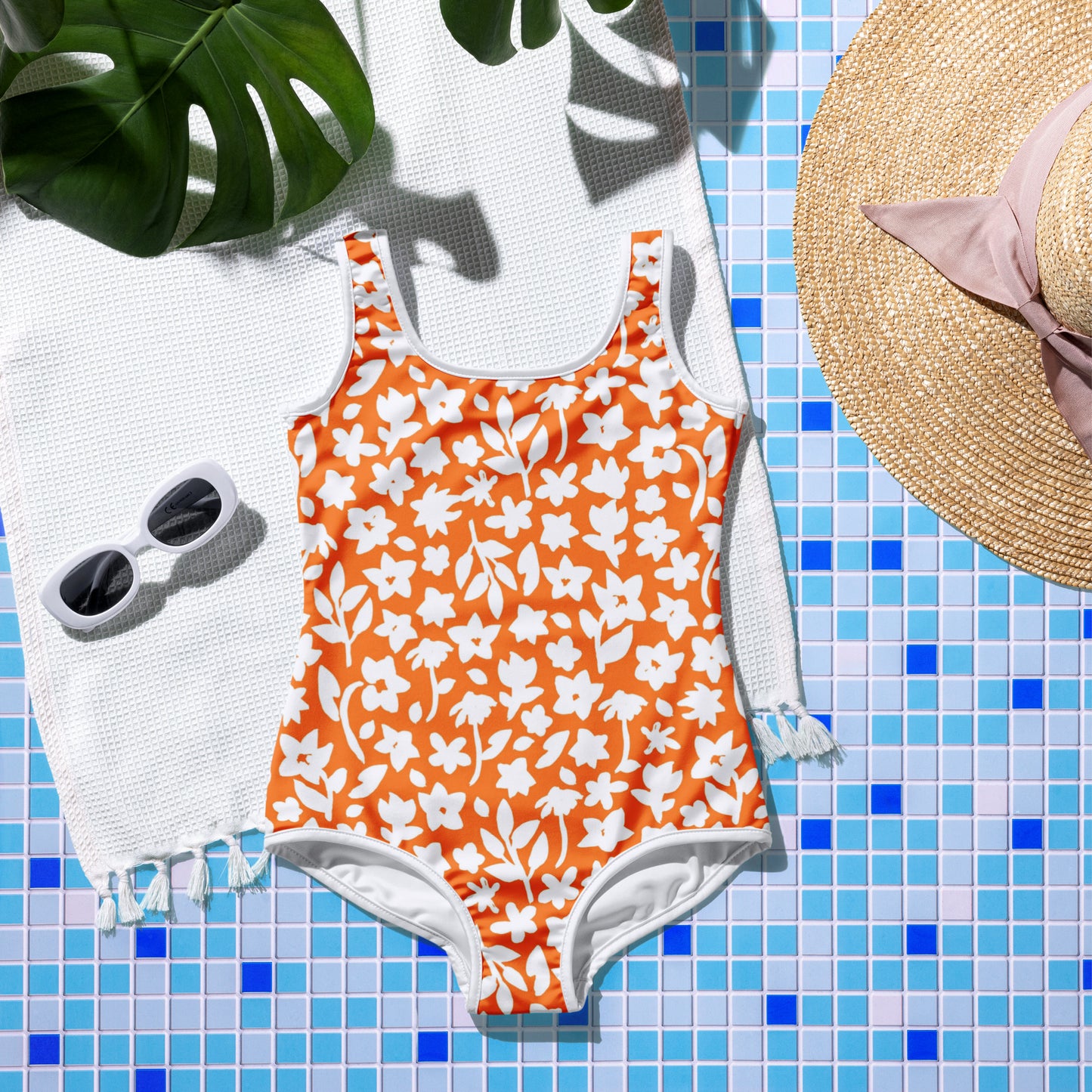 Orange with White Flowers - Youth Swimsuit