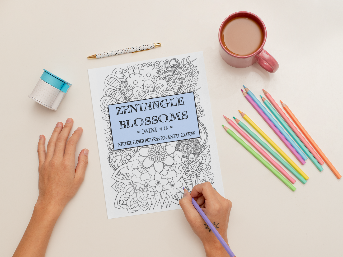 Zentangle Blossoms - Mini 4 - Intricate Flower Patterns for Mindful Coloring - Digital Download