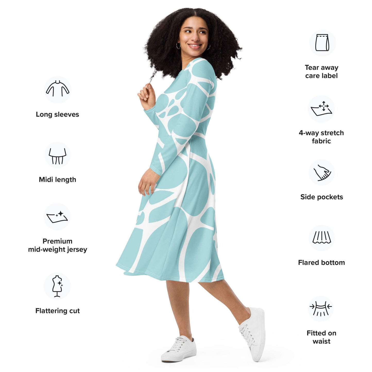 All-over print long sleeve midi dress
