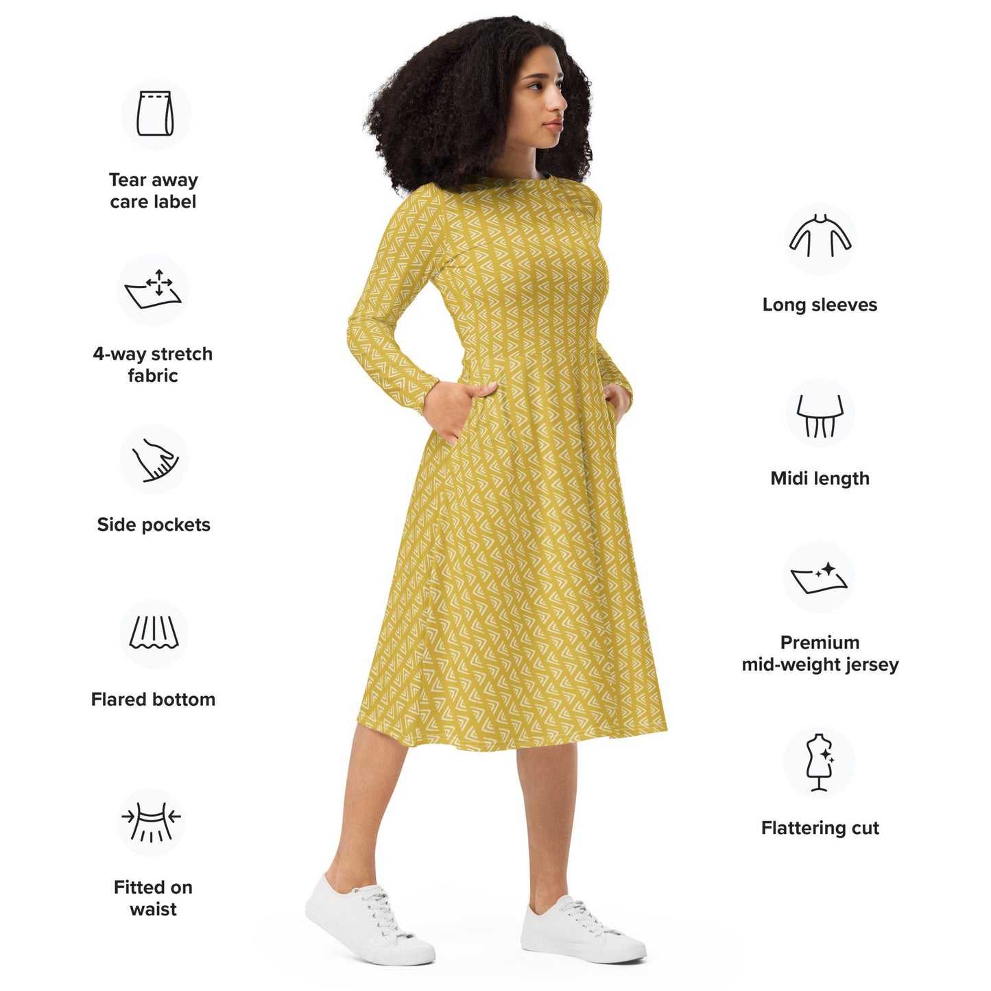 Yellow Boho - All-over print long sleeve midi dress