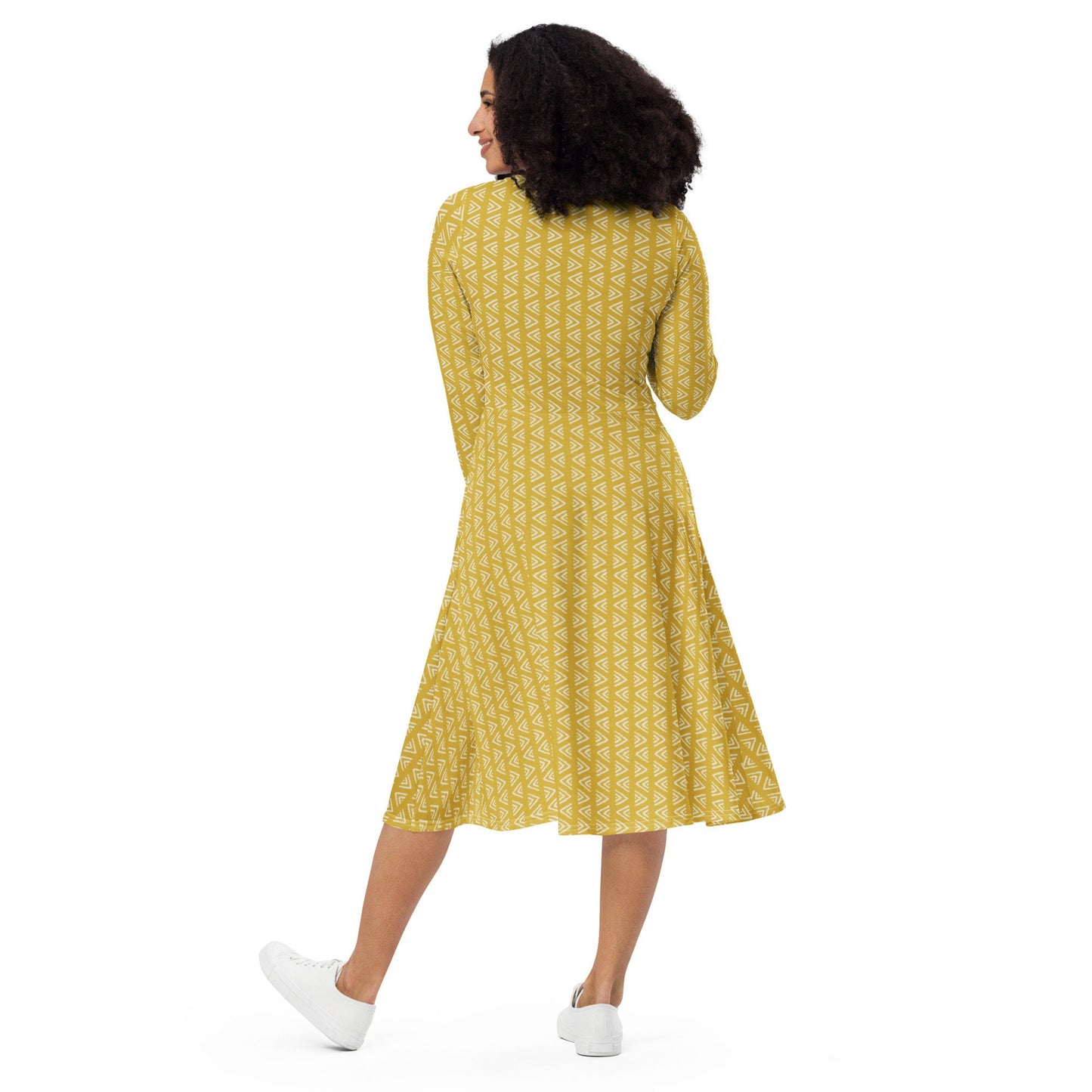 Yellow Boho - All-over print long sleeve midi dress