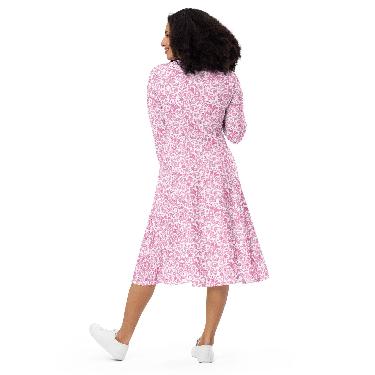Pink - Watercolor Swirls - All-over print long sleeve midi dress