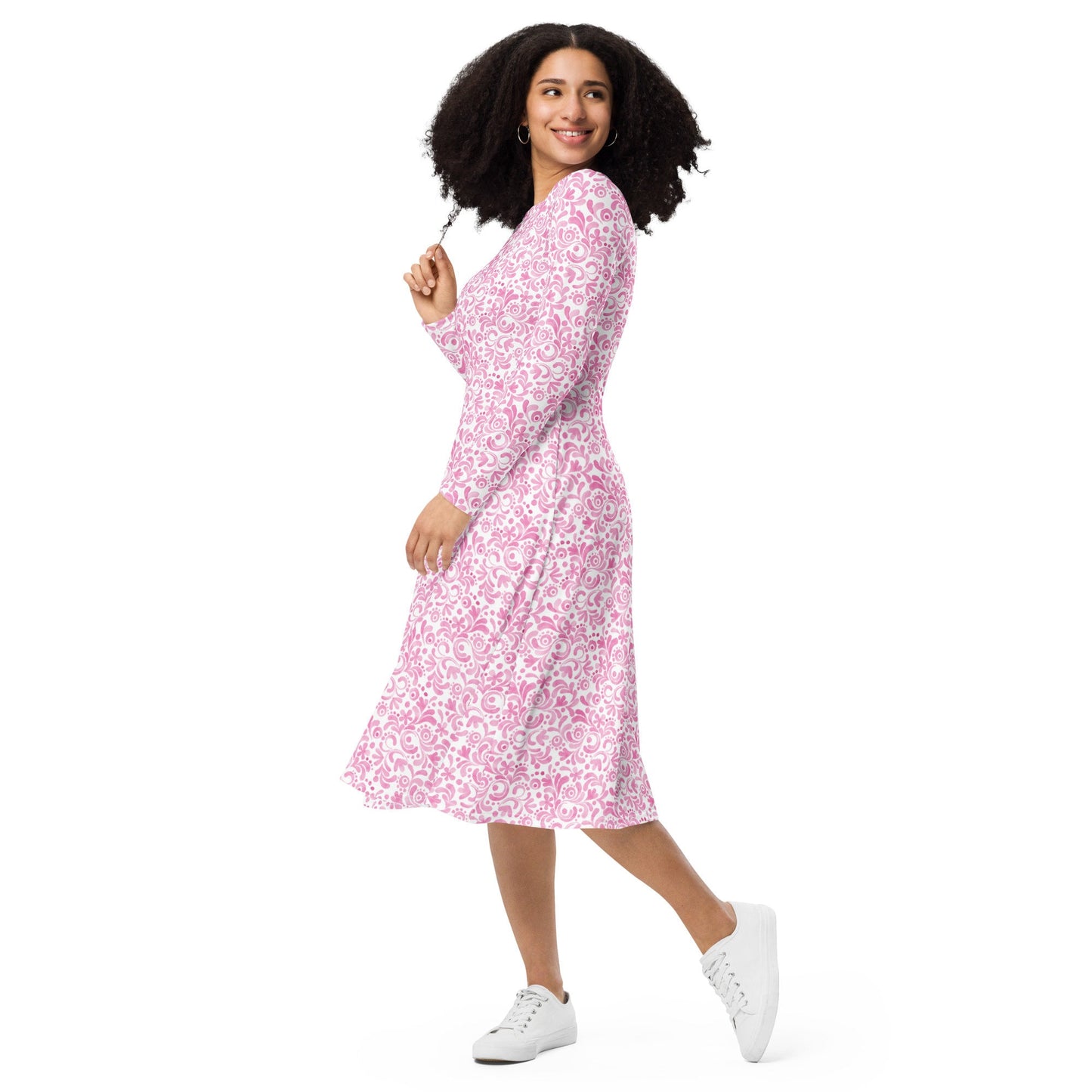 Pink - Watercolor Swirls - All-over print long sleeve midi dress