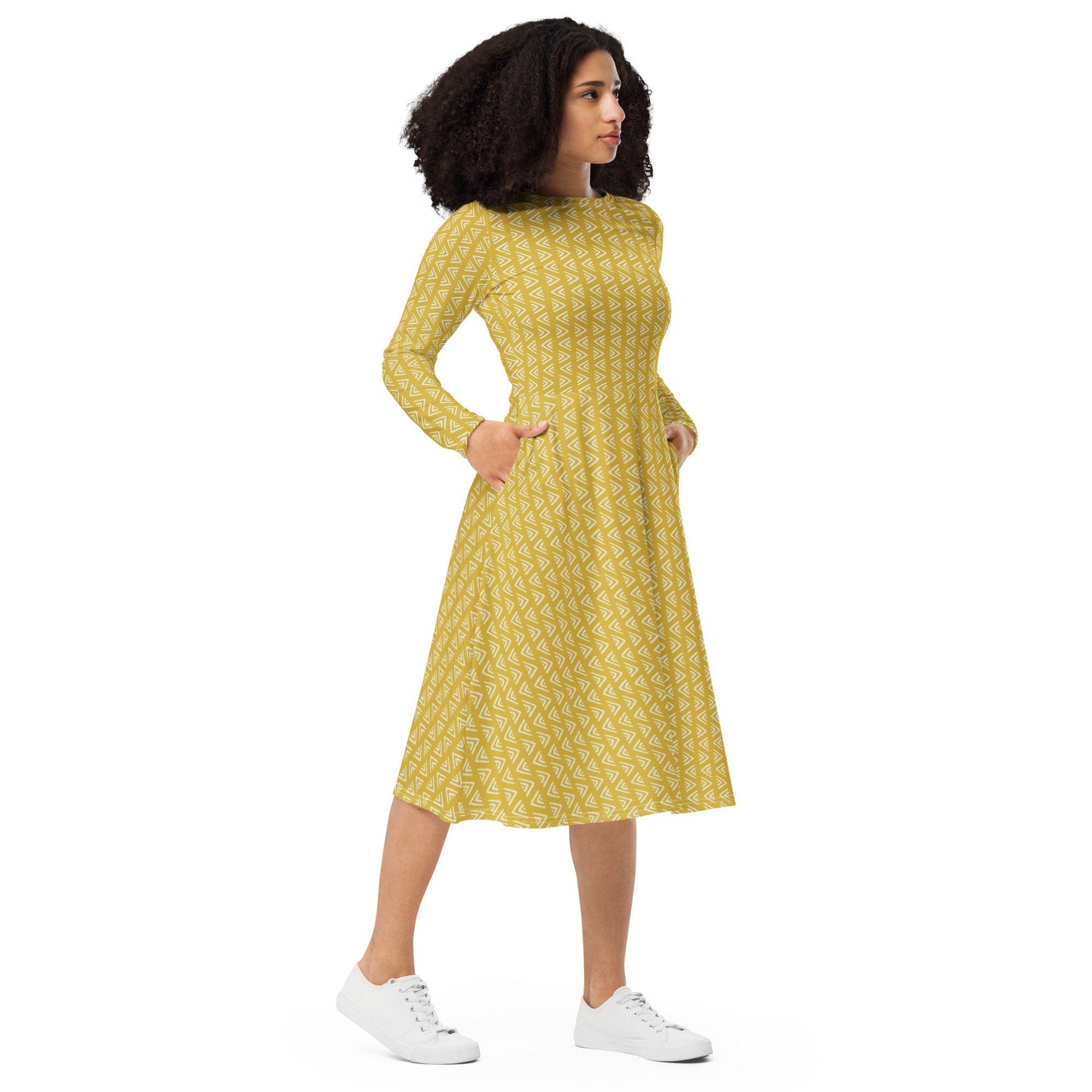 Yellow Boho - All-over print long sleeve midi dress