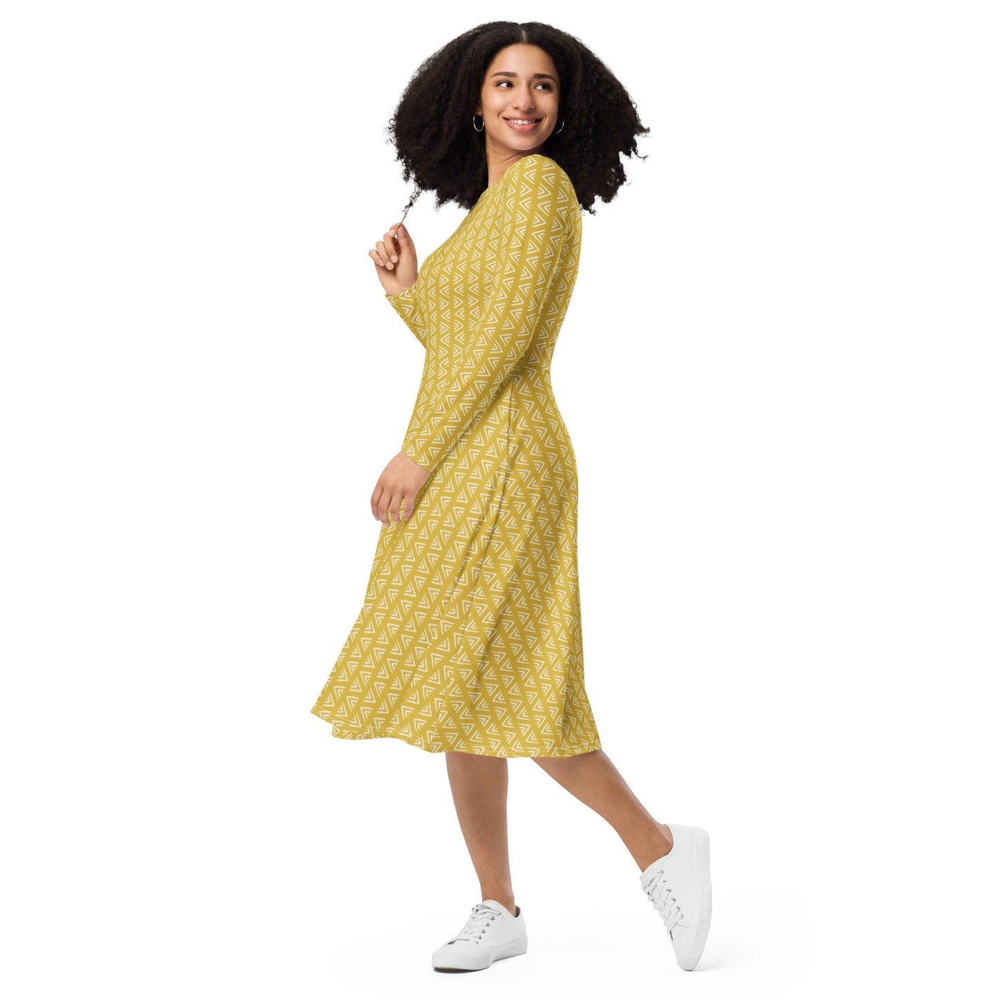 Yellow Boho - All-over print long sleeve midi dress