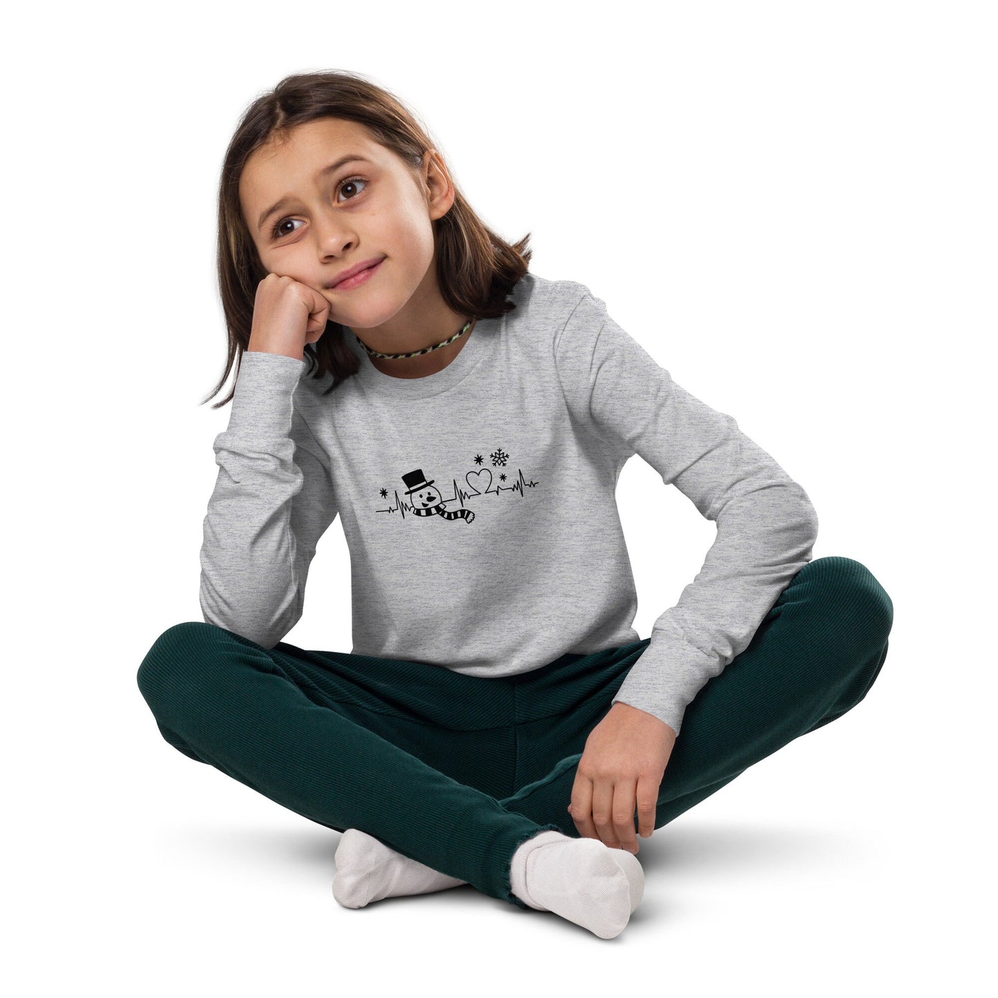 Snowman Heartbeat - Funny Christmas - Youth long sleeve tee - White/Grey
