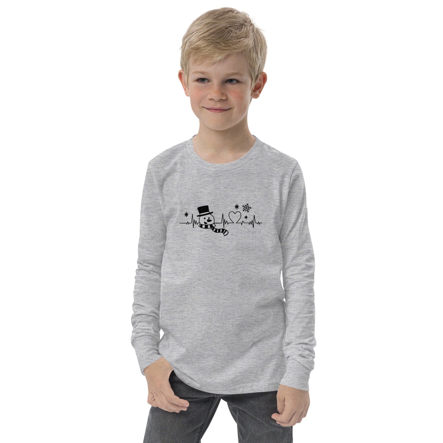 Snowman Heartbeat - Funny Christmas - Youth long sleeve tee - White/Grey