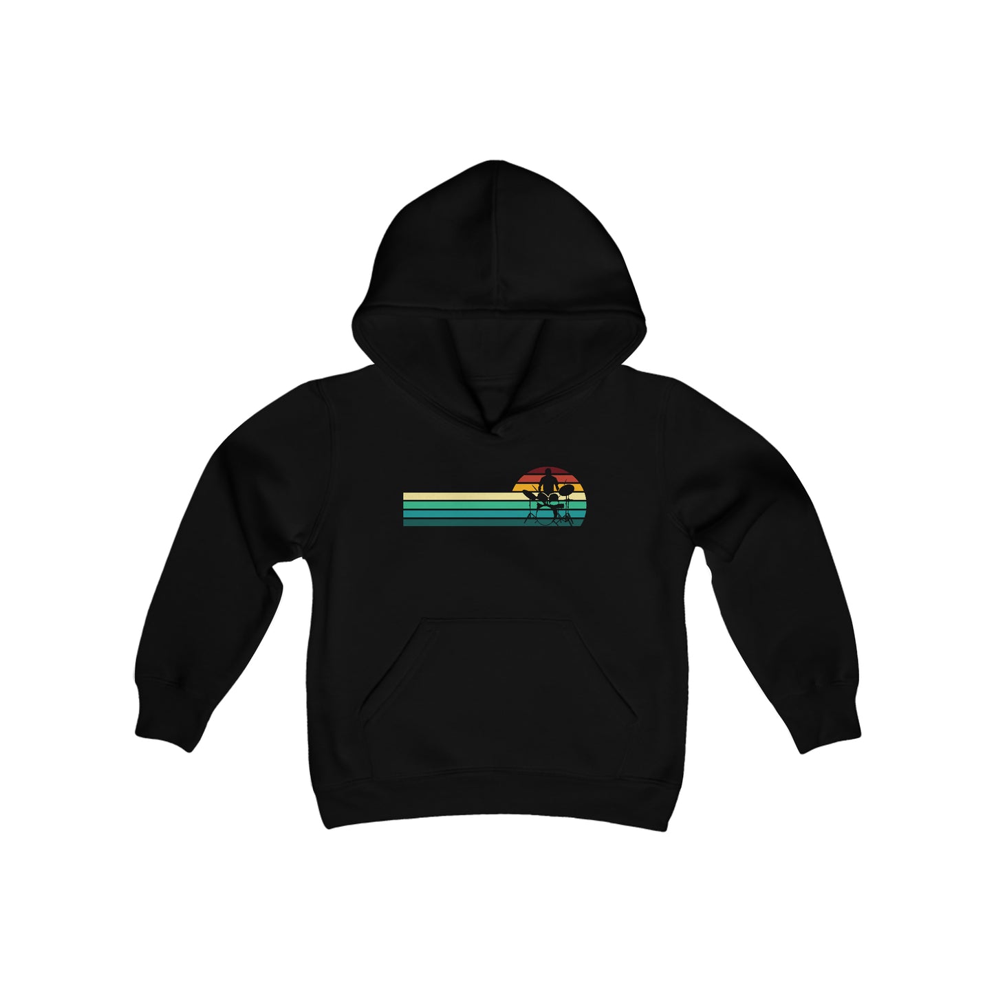 Drummer Silhouette - Retro Wave Stripes - Youth Heavy Blend Hooded Sweatshirt