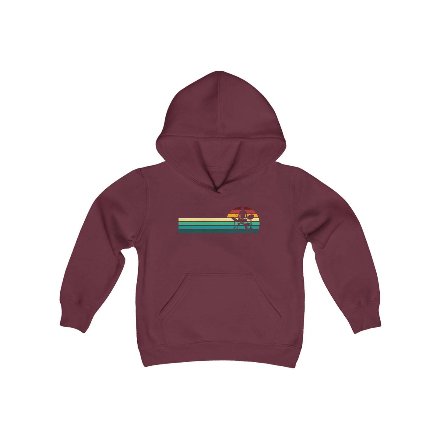 Drummer Silhouette - Retro Wave Stripes - Youth Heavy Blend Hooded Sweatshirt