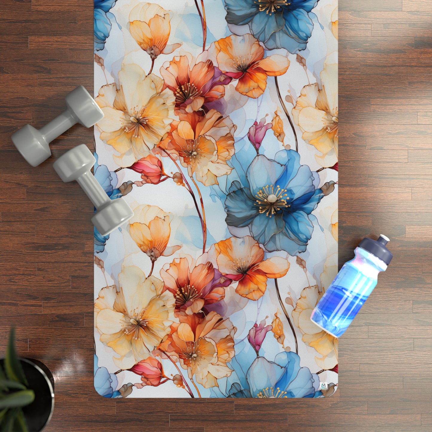 Beautiful Blue and Orange Flowers Watercolor 16 - Rubber Yoga Mat