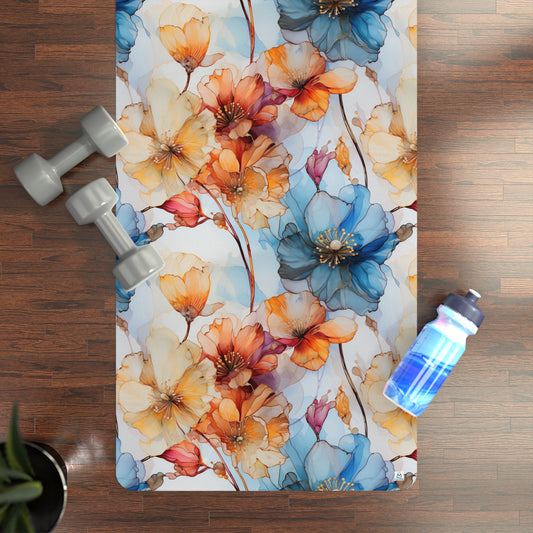 Beautiful Blue and Orange Flowers Watercolor 16 - Rubber Yoga Mat