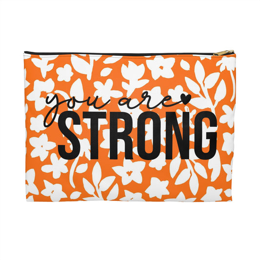 Orange with White Flowers - You are Strong - Inspirational -  Accessory Pouch / Makeup Case / Travel Pouch / Pencil Case / Art Case