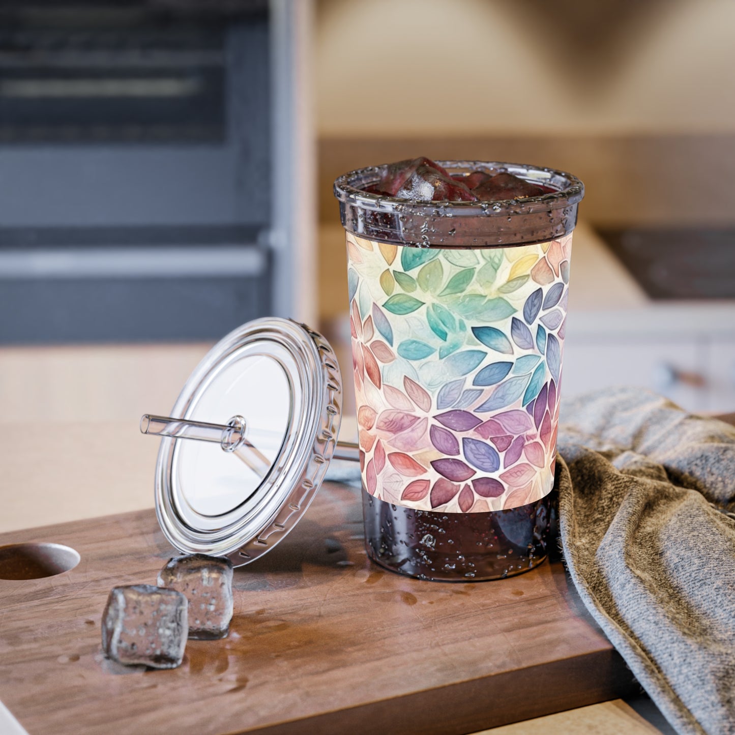 Multicolor Rainbow Watercolor Leaves - Clear - Suave Acrylic Cup - 16oz