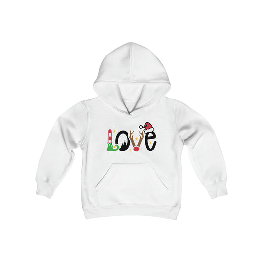 LOVE - Santa hat, Elf, Reindeer, Snowflake - Funny Christmas - Fun Winter - Cute Winter Words - Youth Heavy Blend Hooded Sweatshirt