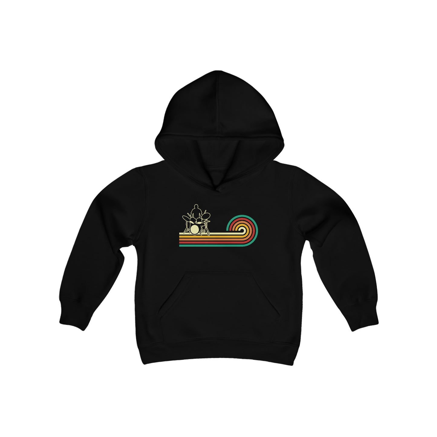 Drummer Silhouette Outline - Retro Wave Stripes - Youth Heavy Blend Hooded Sweatshirt