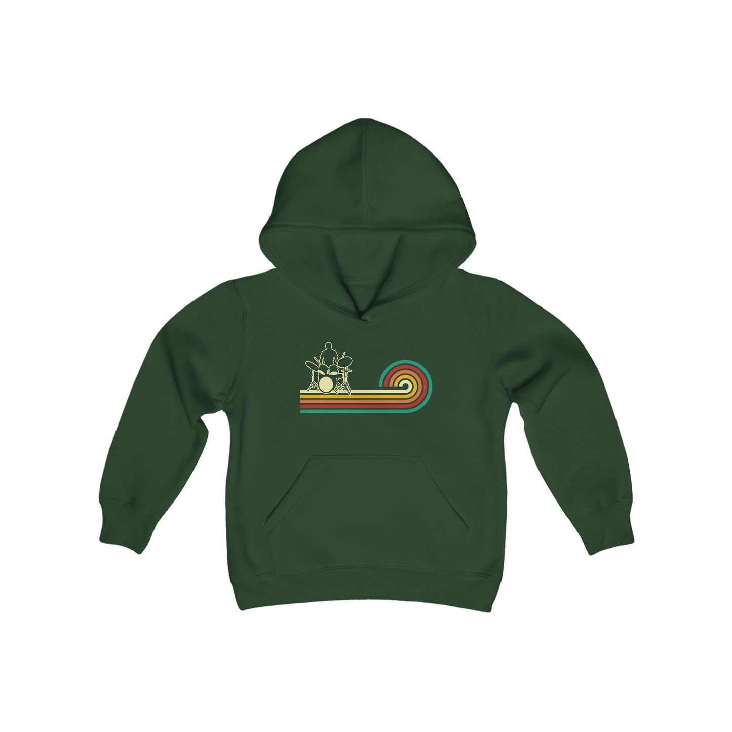 Drummer Silhouette Outline - Retro Wave Stripes - Youth Heavy Blend Hooded Sweatshirt