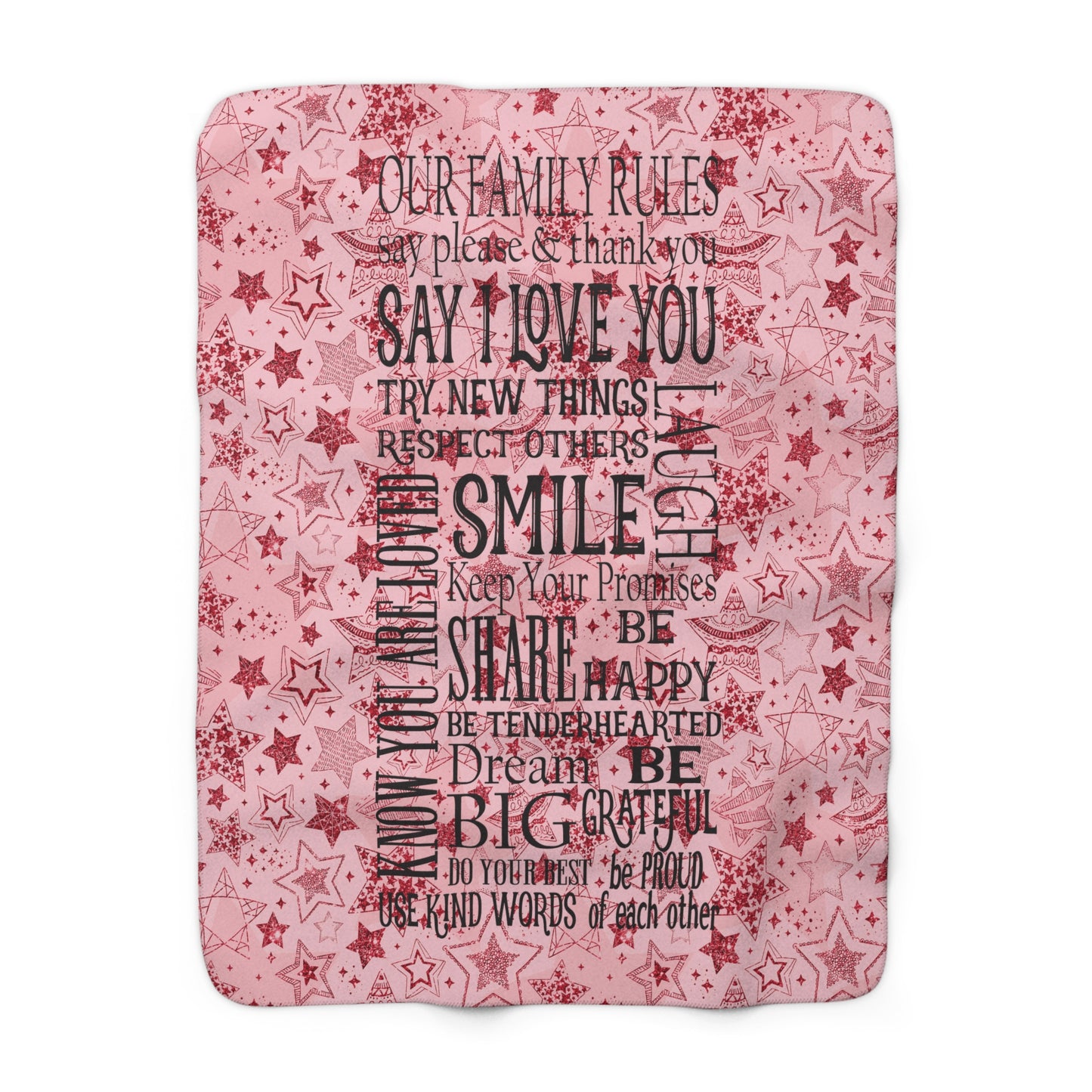 Beautiful, Cozy, Soft - Amazing Family Rules - Vintage Sign - Red Stars - Sherpa Fleece Blanket