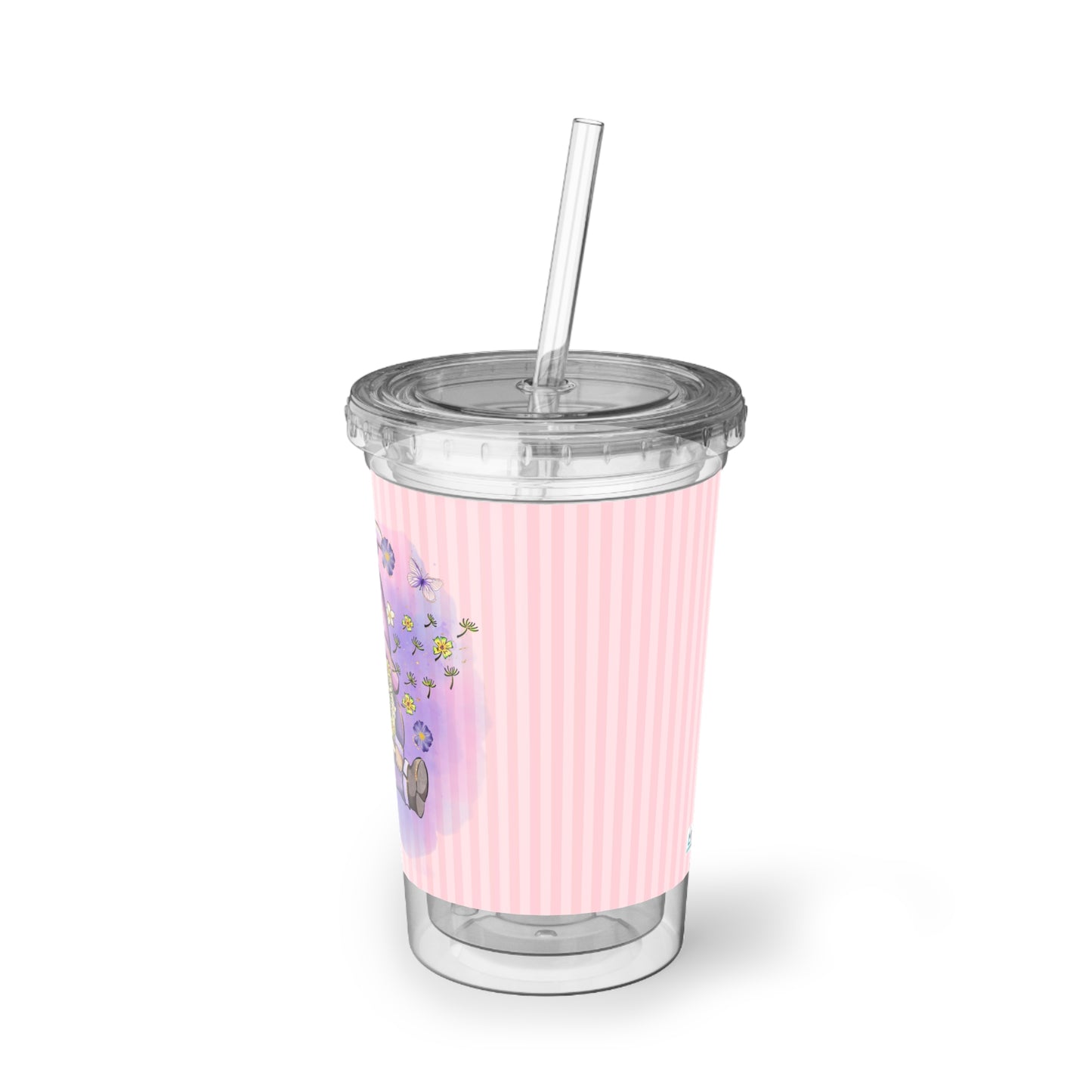 Purple Peace Gnome - Flowers and Butterflies - Pink Stripes - Clear - Suave Acrylic Cup - 16oz