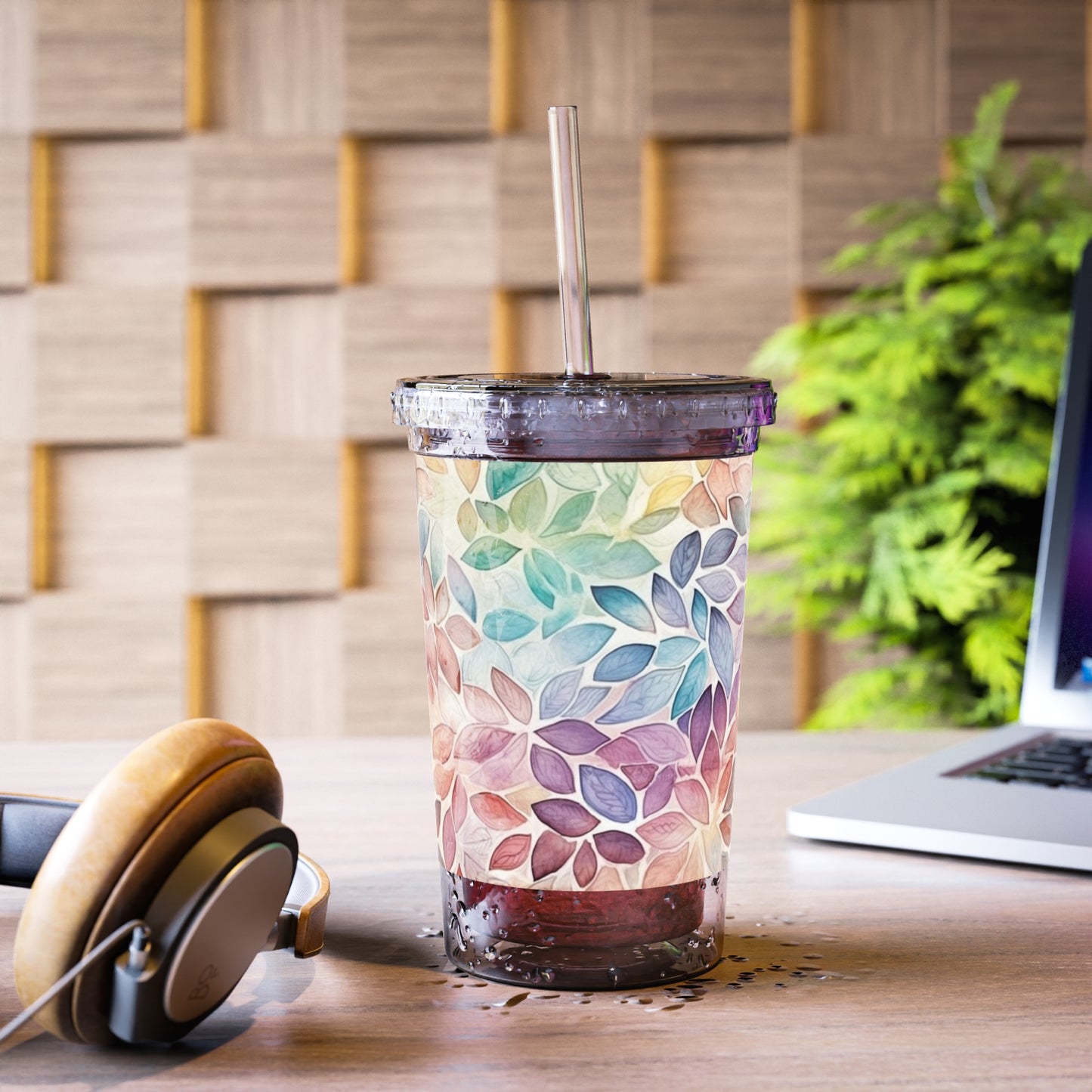 Multicolor Rainbow Watercolor Leaves - Clear - Suave Acrylic Cup - 16oz