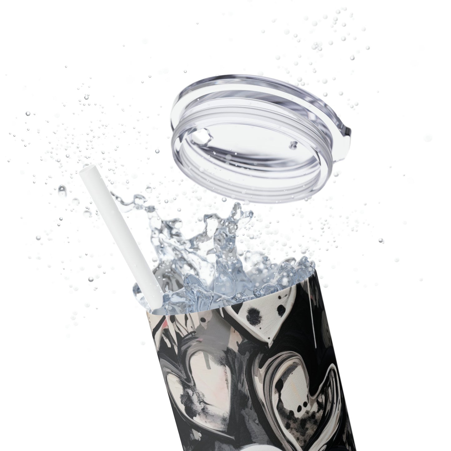 Black and White Painted Hearts - Skinny Tumbler with Straw, 20oz - Stainless Steel