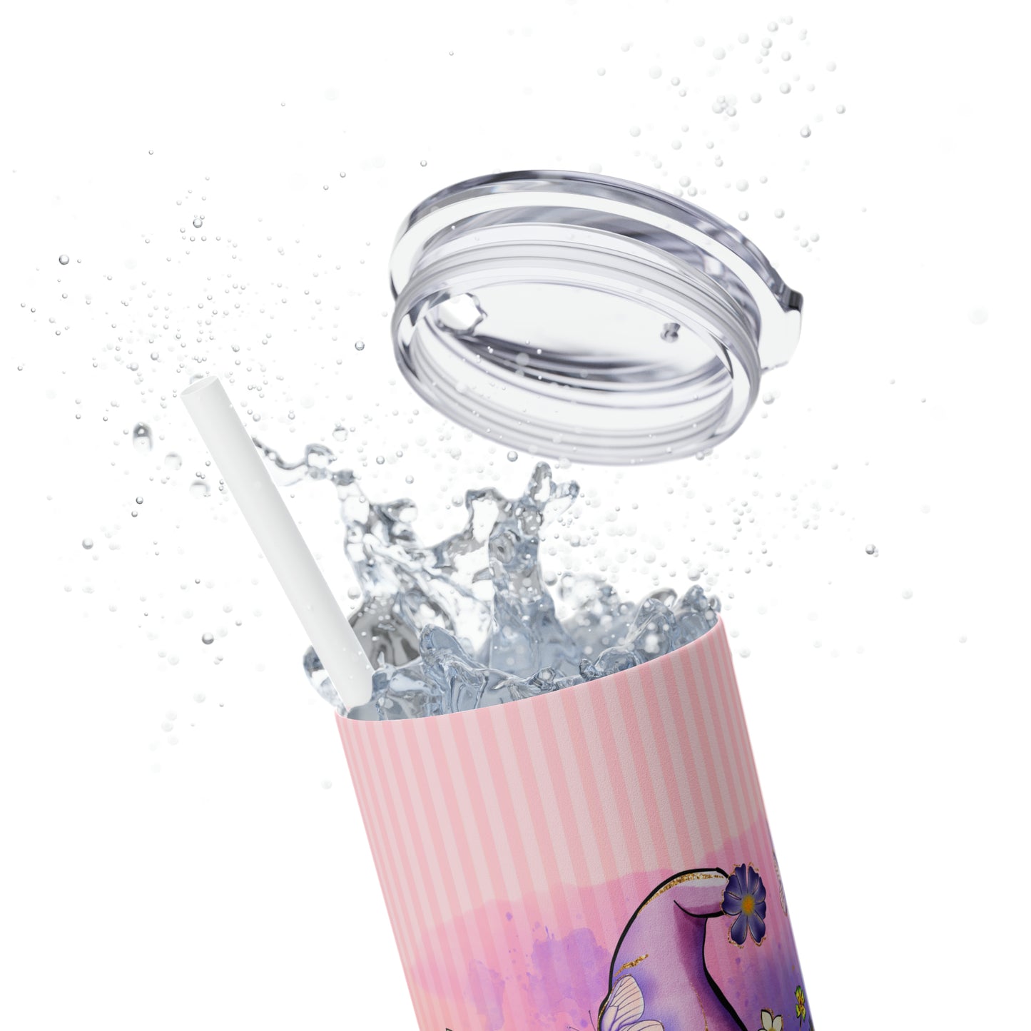 Purple Peace Gnome - Flowers and Butterflies - Pink Stripes - Skinny Tumbler with Straw, 20oz - Stainless Steel