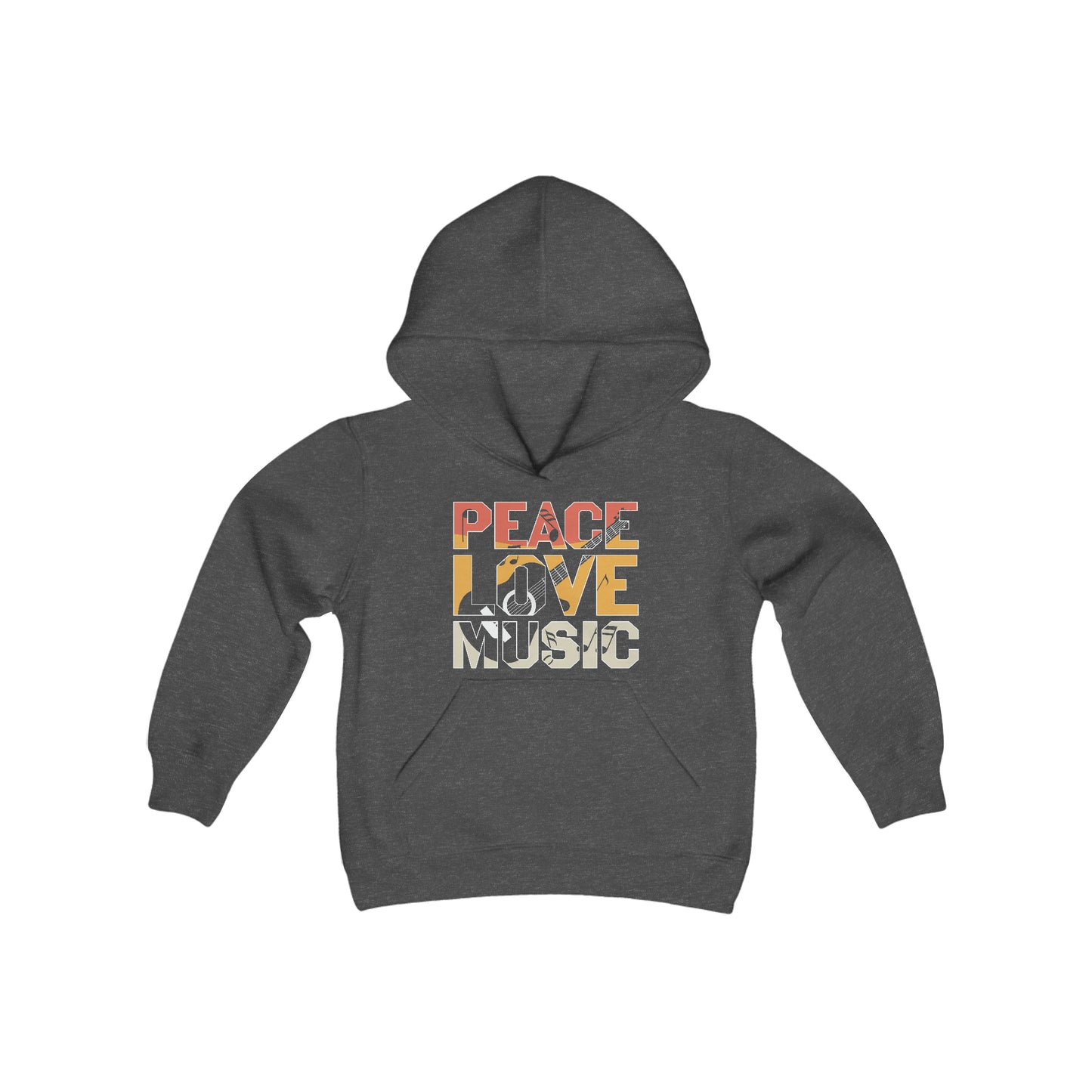 Peace - Love - Music - Guitar - Retro Sign - Music Lovers - Musicians - Youth Heavy Blend Hooded Sweatshirt