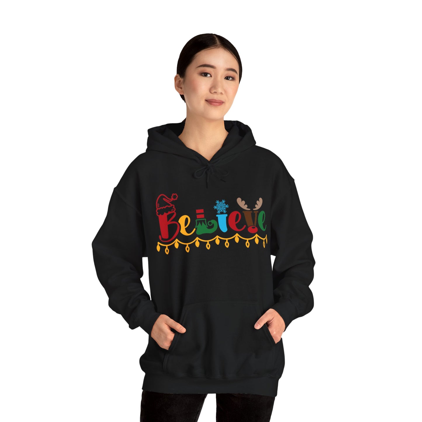 Believe - Santa hat, Elf, Reindeer, Snowflake - Funny Christmas - Unisex Heavy Blend™ Hooded Sweatshirt