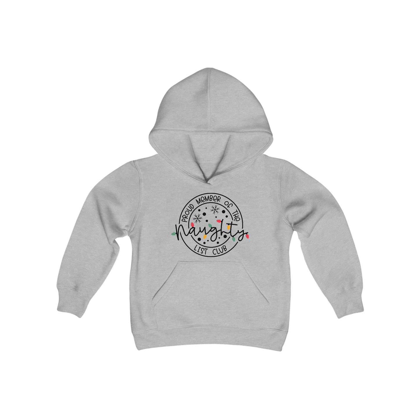 Naughty List Club - Christmas Lights - Snowflakes - Funny Christmas - Fun Winter - Cute Winter Words - Youth Heavy Blend Hooded Sweatshirt