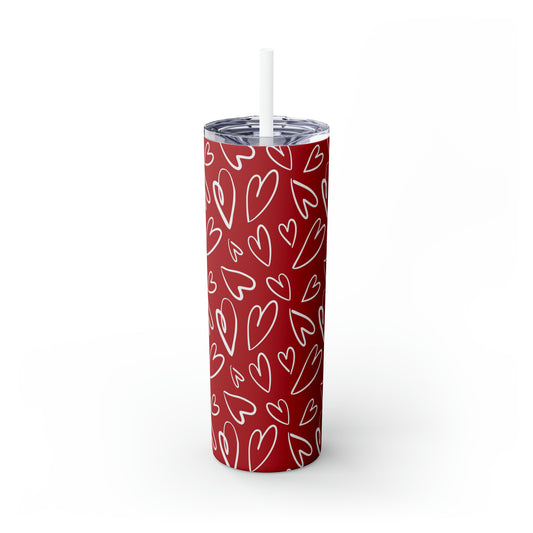 Red with White Hearts - Hand Drawn - Skinny Tumbler with Straw, 20oz - Stainless Steel