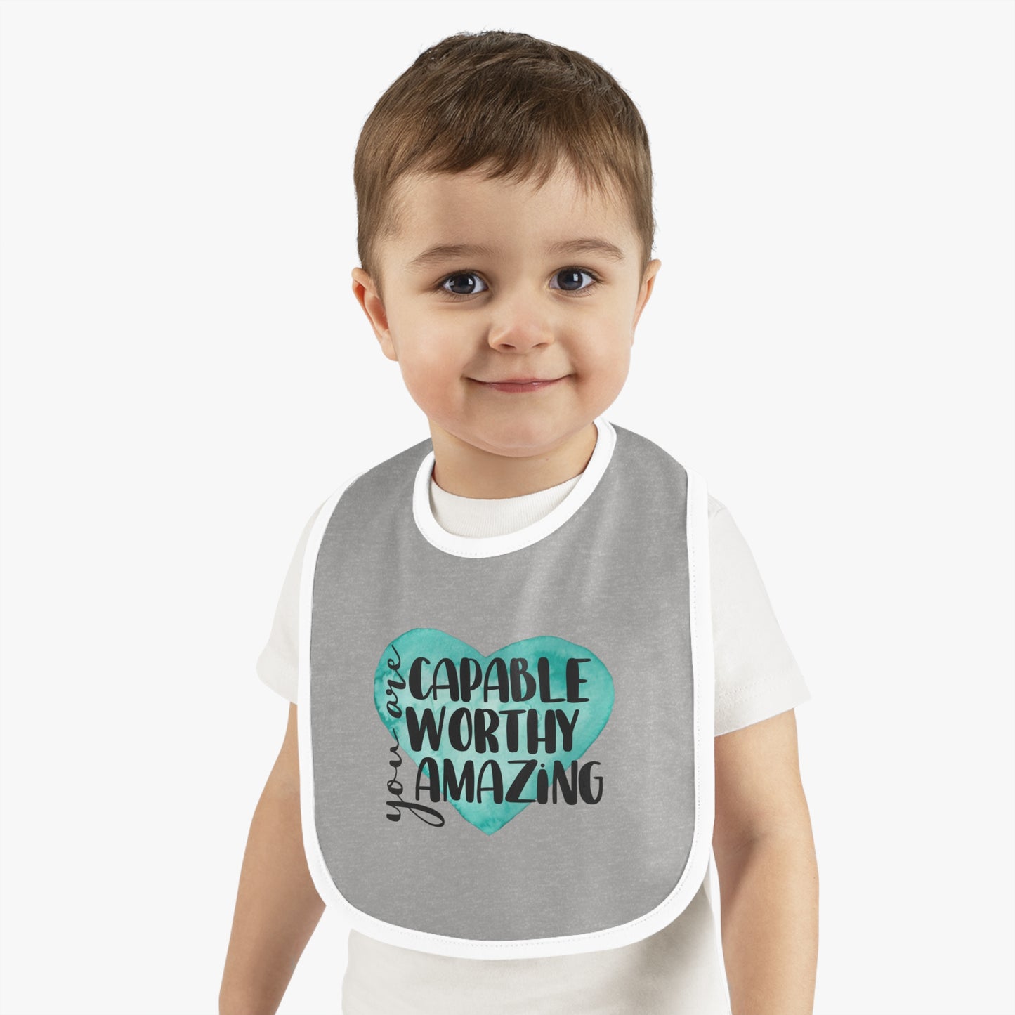 You are Capable, Worthy, Amazing - Watercolor Heart - Baby Contrast Trim Jersey Bib