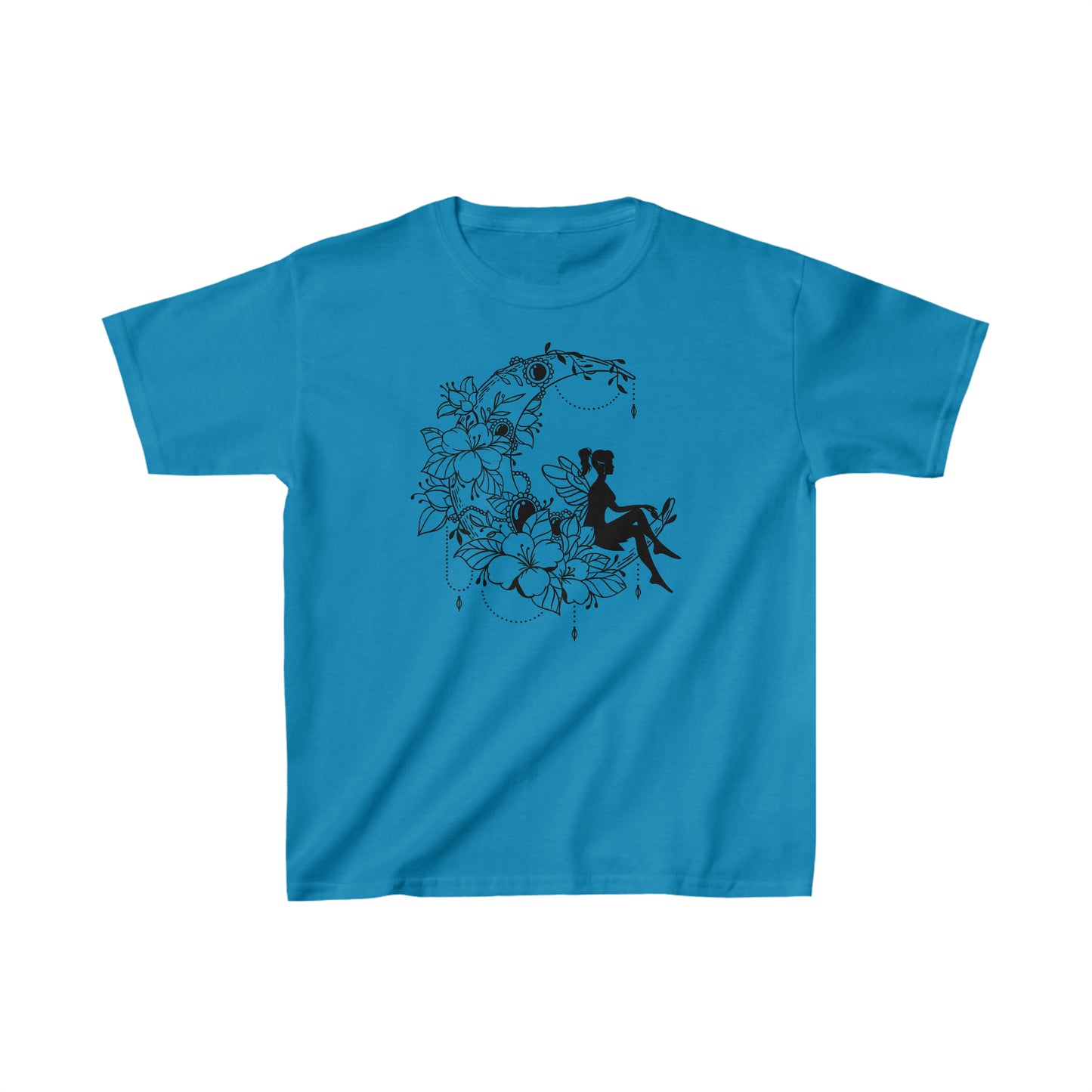 Fairy Sitting on Moon with Flowers - Kids Heavy Cotton Tee