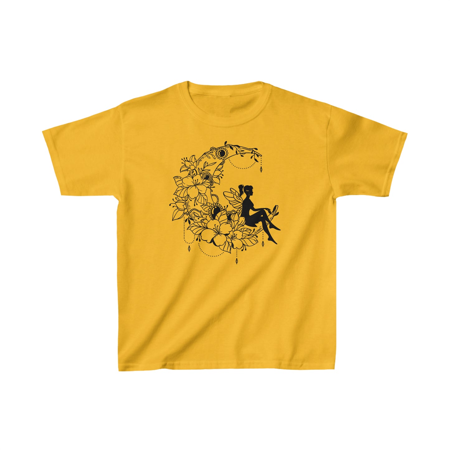 Fairy Sitting on Moon with Flowers - Kids Heavy Cotton Tee