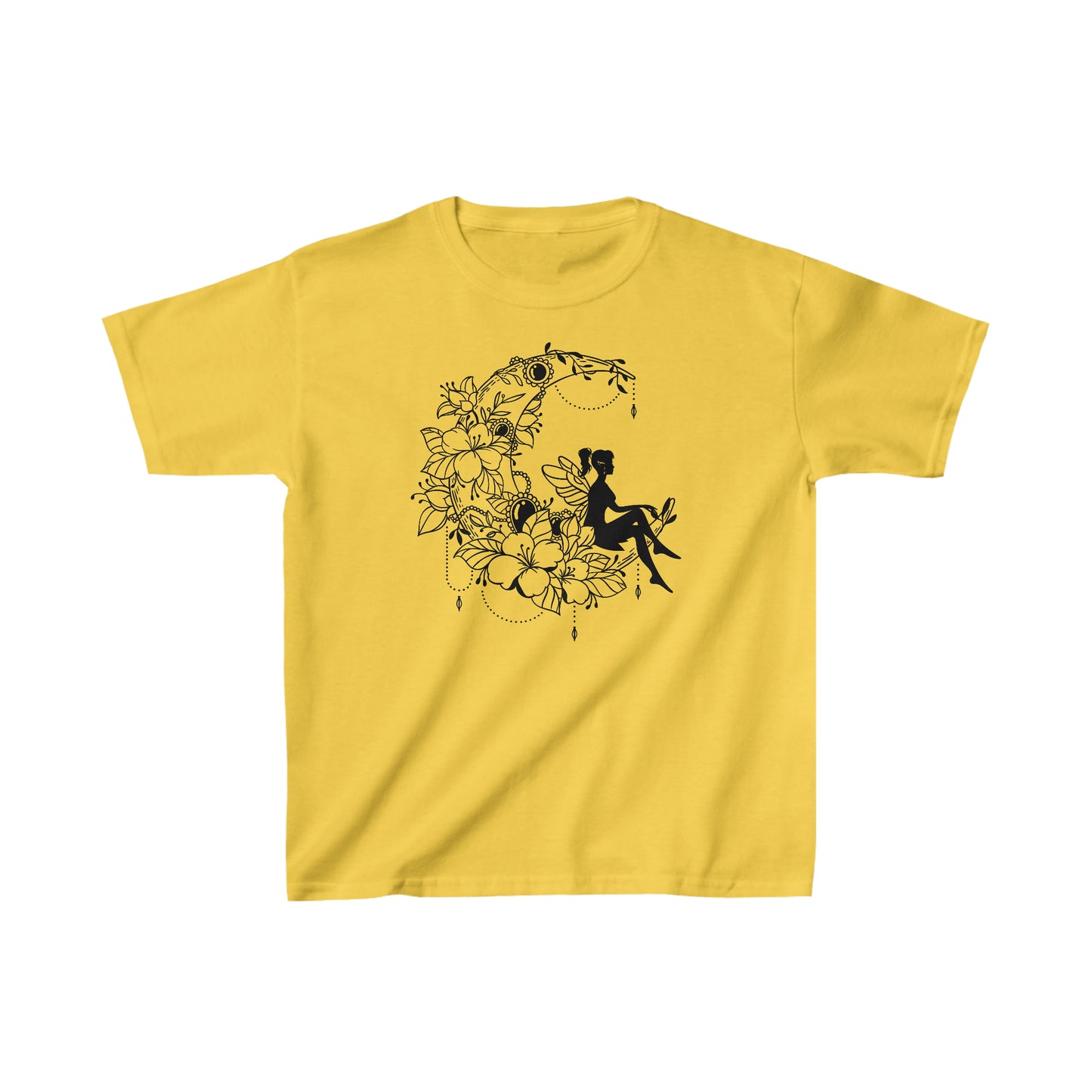 Fairy Sitting on Moon with Flowers - Kids Heavy Cotton Tee