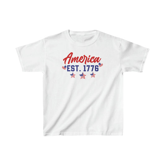 America - Est 1776 - Star -  Heart - American Flag - 4th of July - Independence Day - Kids Heavy Cotton Tee