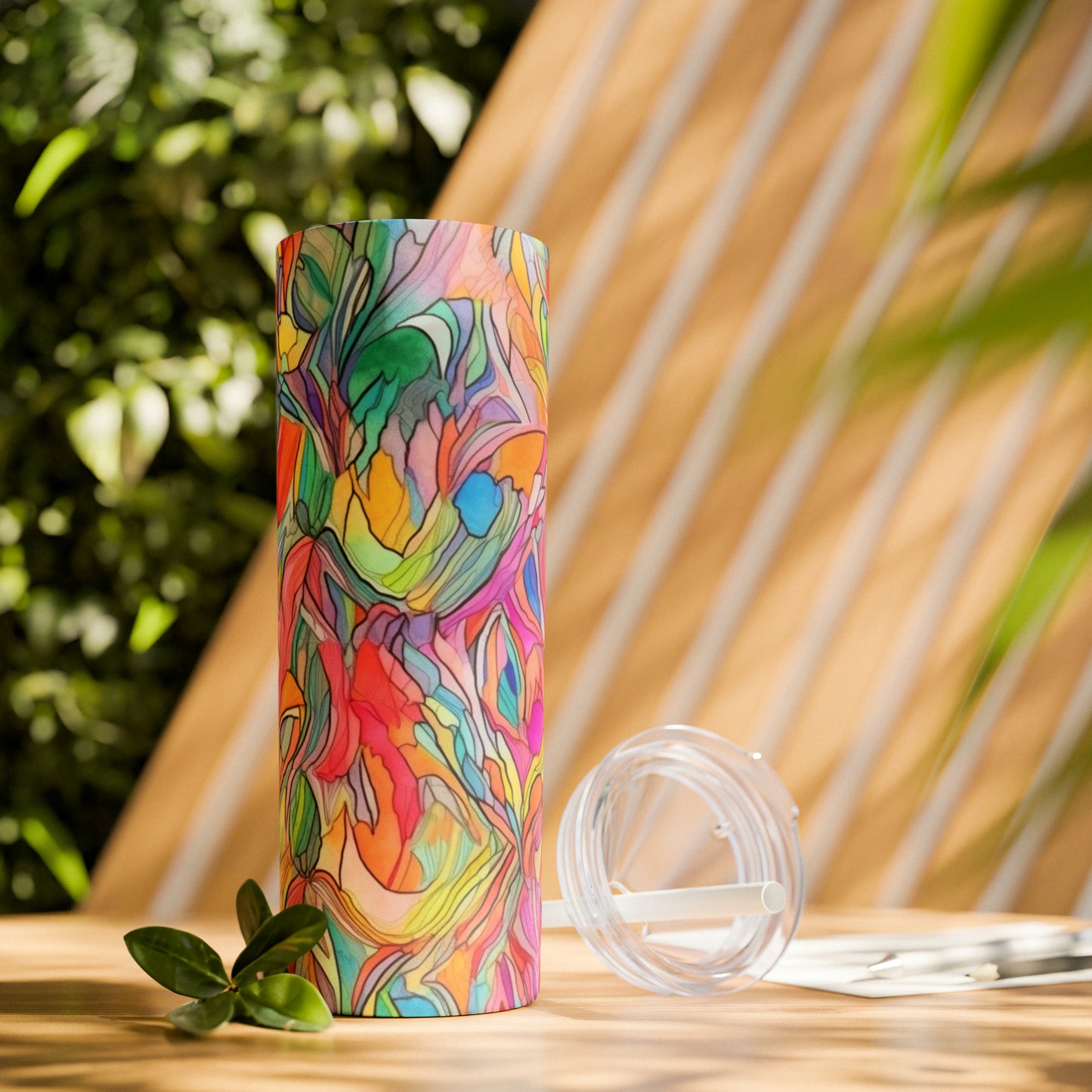 Multicolor Rainbow Watercolor Abstract - Skinny Tumbler with Straw, 20oz - Stainless Steel