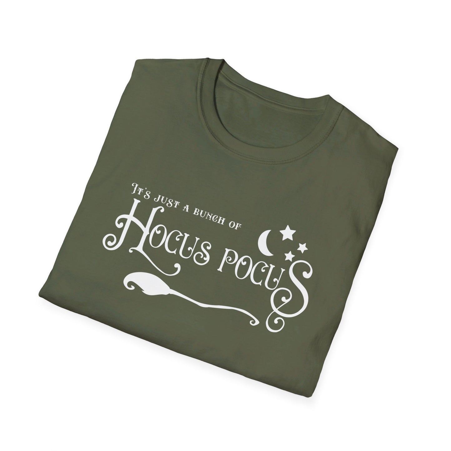 Halloween - It's Just a Bunch of Hocus Pocus - Witch - Broom - Stars - Moon - Unisex Softstyle T-Shirt
