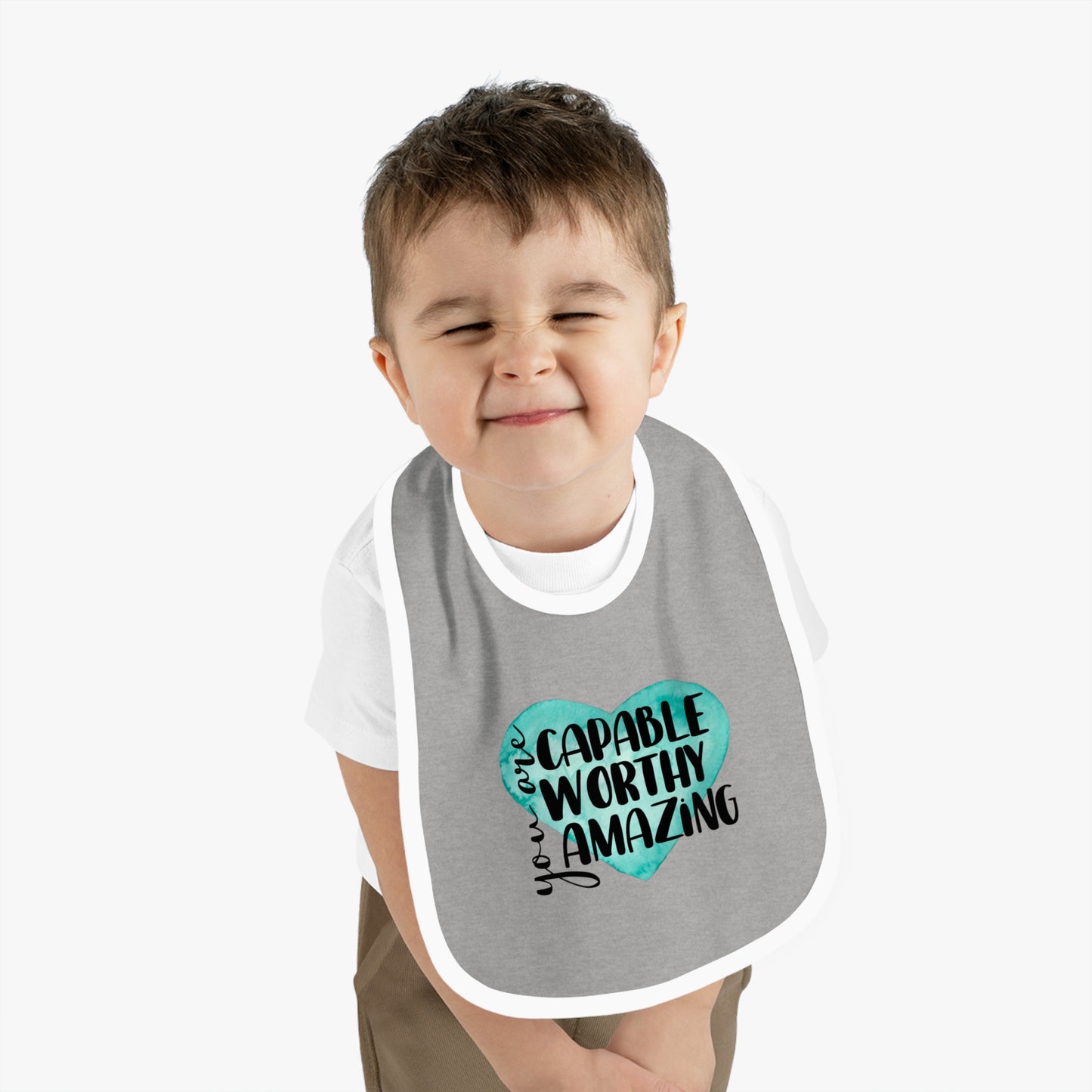 You are Capable, Worthy, Amazing - Watercolor Heart - Baby Contrast Trim Jersey Bib