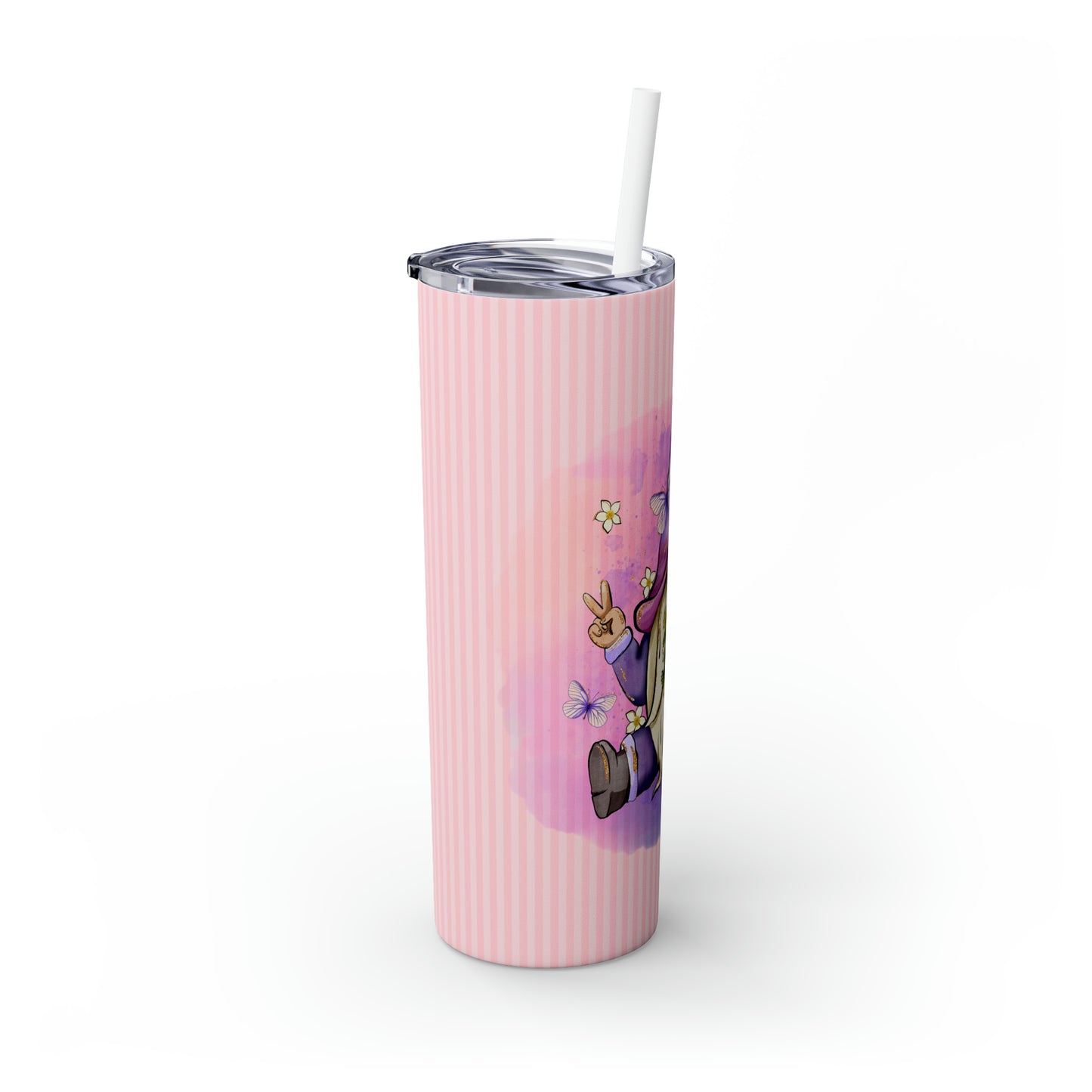 Purple Peace Gnome - Flowers and Butterflies - Pink Stripes - Skinny Tumbler with Straw, 20oz - Stainless Steel