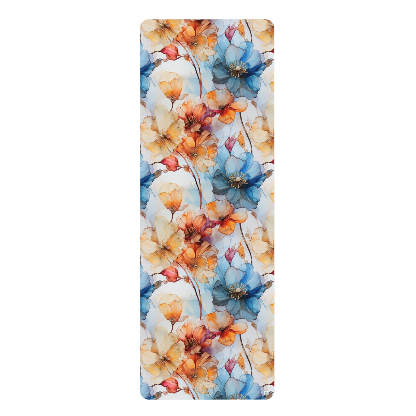Beautiful Blue and Orange Flowers Watercolor 16 - Rubber Yoga Mat