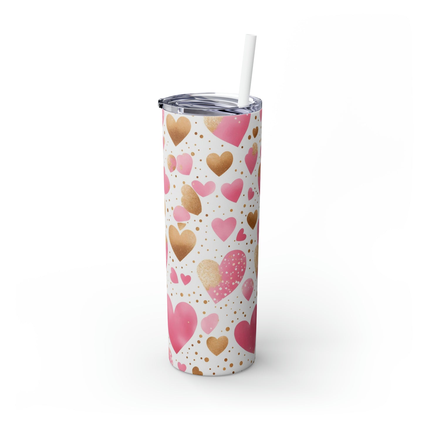 Love Hearts - Pink and Gold Floating Hearts - Skinny Tumbler with Straw, 20oz - Stainless Steel