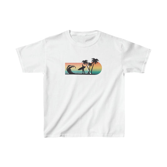 Surfer, Waves, Palm Trees - Retro -  Silhouette - Kids Heavy Cotton Tee
